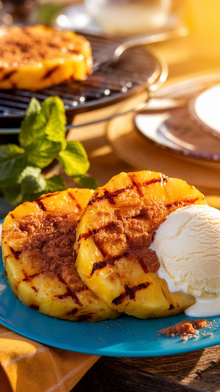 Sweet and Smoky Grilled Pineapple Gold grilled pineapple slices with grill marks, served with melting vanilla ice cream on a rustic table.